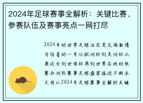 2024年足球赛事全解析：关键比赛、参赛队伍及赛事亮点一网打尽